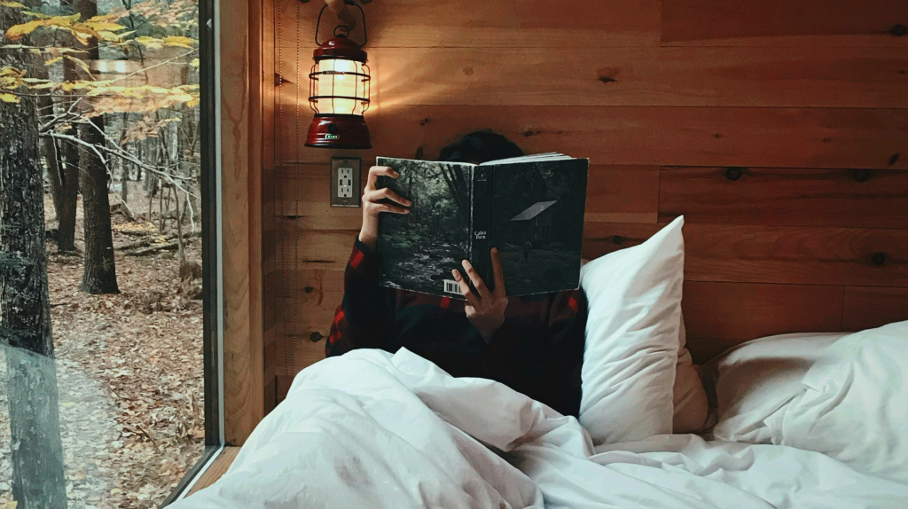 Person reading a book inside a cozy wooden cabin with a forest view through a large window.