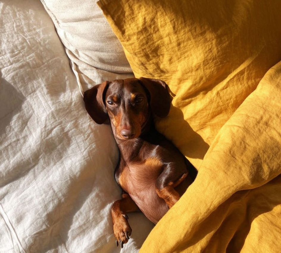 Adorable dachshund dog relaxing in bed under yellow blanket at a pet-friendly hotel.